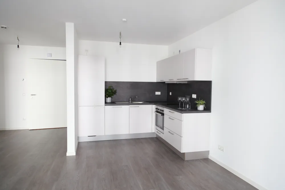 Blick in die Küche / Küchenzeile mit Backofen, Herd, Spülbecken und Schränken